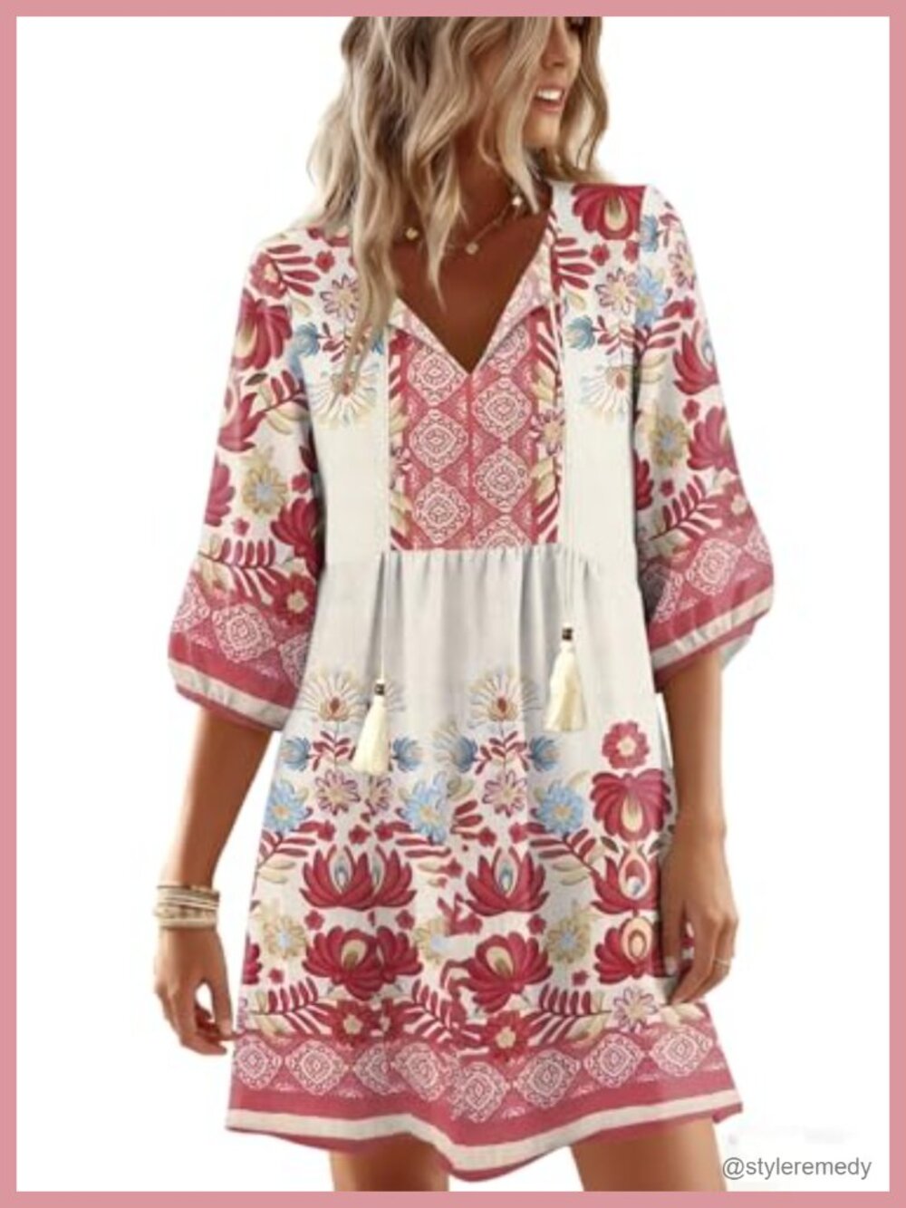 Womens Boho Floral Summer Dress V-Neck 3/4 Sleeve Flowy Casual Sun Dress
